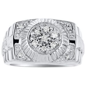 anillo para hombre, estilo rolex, de oro blanco de 14 k. con diamantes