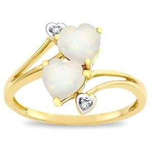 anillo de promesa para mujer, de oro amarillo de 14 k, con corazones de opalo