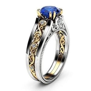 anillo para mujer, de oro blanco y amarillo de 14 k, con piedra de zafiro y diamantes