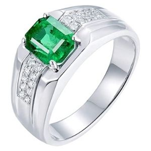 anillo de compromiso para hombre, de oro blanco de 14 k, con esmeralda