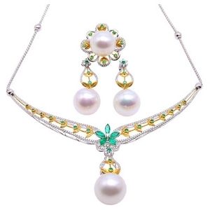 conjunto de collar + pendientes para mujer, de oro blanco y amarillo de 10 k con perlas
