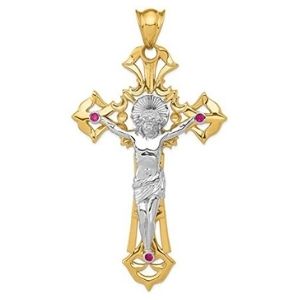 cruz de jesucristo para hombres y mujeres, de oro blanco y amarillo macizos de 14 k con circonitas rojas