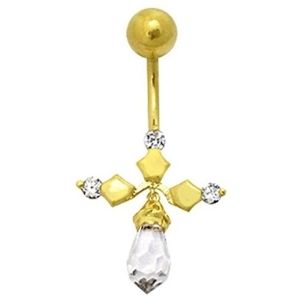 piercing de colgante de cruz para ombligo, de oro amarillo solido de 14 k con cristales