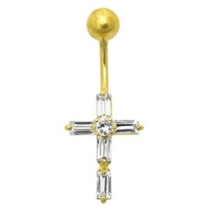 piercing de cruz para ombligo, de oro amarillo de 14 k con circonitas