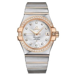 reloj omega constellation co-axial chronometer 123.25.35.20.52.001, de oro rosa de 18 k y acero inoxidable, con diamantes, para hombre