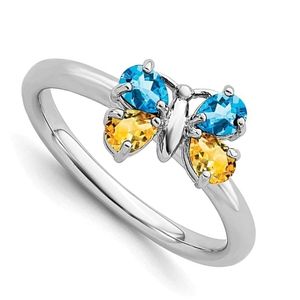 anillo apilable en diseño mariposa, para mujer, de plata de ley 925 chapado en rodio con topacio y citrino