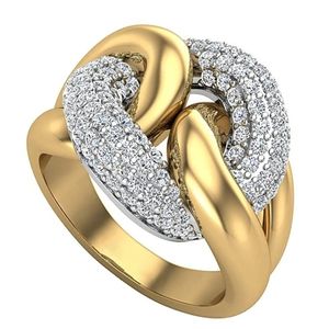 anillo de coctel de enlace cubano para mujer, de oro amarillo de 14k con diamantes