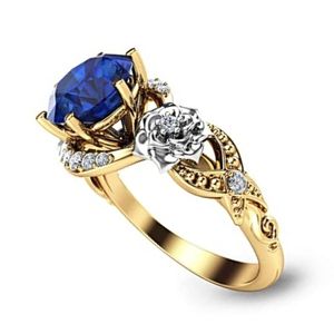 anillo de compromiso para mujer, de oro amarillo de 14k con zafiro azul, art deco
