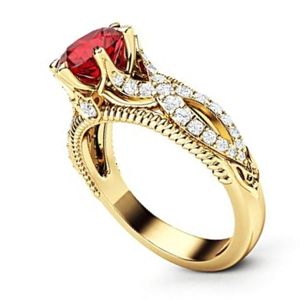 anillo de compromiso para mujer, estilo vintage, de oro amarillo de 14k con rubi