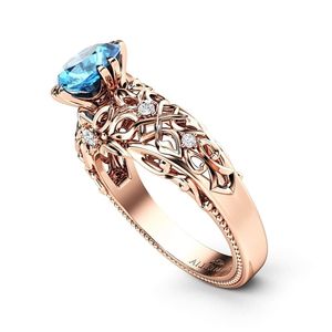 anillo de compromiso de oro rosa de 14k, estilo vintage con diamante azul