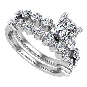 anillo de corte princesa para boda, de oro blanco de 18k con diamantes en engaste de puntas compartidas