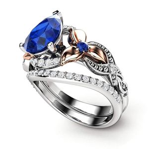 anillos de compromiso y matrimonio juntos, estilo floral, de oro blanco y rosa de 14k con zafiro y diamantes