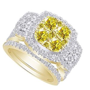 anillos de compromiso y matrimonio juntos, de oro amarillo de 14k con diamantes amarillos y blancos
