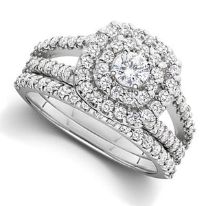 anillos de compromiso y matrimonio juntos, estilo halo, de oro blanco de 10k con diamantes
