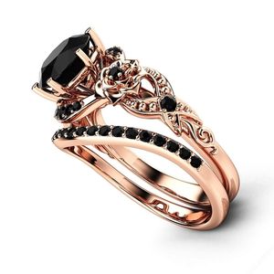 anillos de compromiso y matrimonio juntos, estilo floral, de oro rosa de 14k con diamantes negros