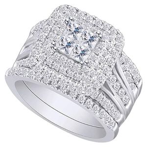 anillos de compromiso y matrimonio juntos, tipo halo, de oro blanco sólido de 14k con diamantes naturales