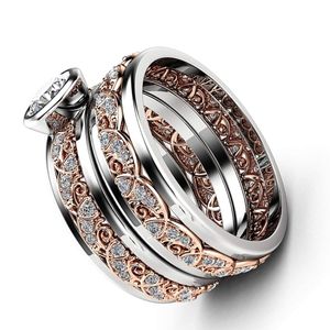 anillos de compromiso y matrimonio juntos, estilo vintage de filigrana, de oro blanco y rosa de 14k con diamantes blancos