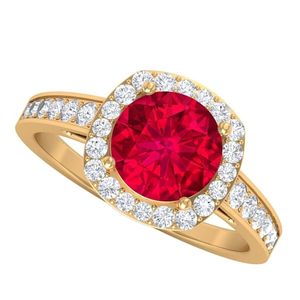 anillo de compromiso para mujer, de oro amarillo de 14k con halo de rubi y diamantes