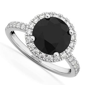 anillo de compromiso para mujer, de platino con halo redondo de diamantes negro y blancos acentuados