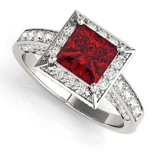 anillo de compromiso corte princesa para mujer, de paladio con halo cuadrado de rubí y diamantes