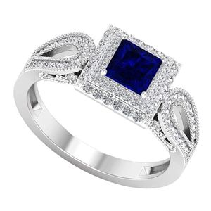 anillo solitario de zafiro corte princesa para mujer, de oro blanco de 14k con doble halo de diamantes