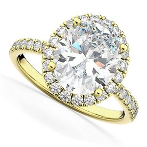 anillo de compromiso para mujer, de oro amarillo de 14k con halo de diamantes en corte ovalado