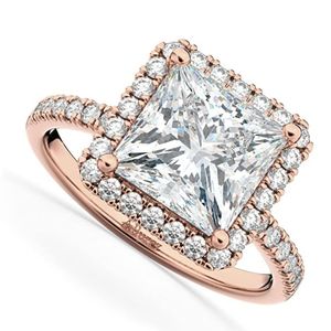 anillo de compromiso corte princesa para mujer, de oro rosa de 14k con halo cuadrado de diamantes