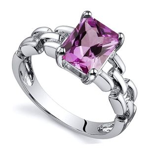 anillo solitario para mujer, de plata de ley 925 recubierto de rodio con piedra de zafiro en tono rosa