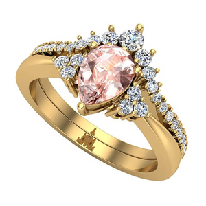 juego de anillos de matrimonio, en diseño de tiara, de oro amarillo de 14k con piedra de morganita