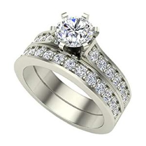 juego de anillos de matrimonio para mujer, estilo catedral, de oro blanco de 14k con diamantes