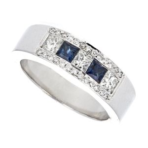 anillo de matrimonio para hombre, de oro blanco de 14k con diamante y zafiro