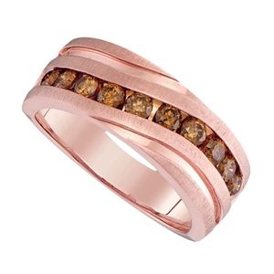 anillo de matrimonio de oro rosa de 10k acanalado con fila de diamantes