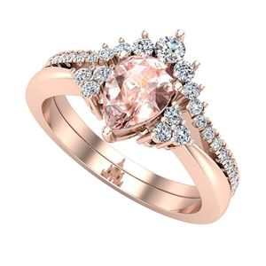 juego de anillos de matrimonio, en diseño de tiara, de oro rosa de 14k con morganita