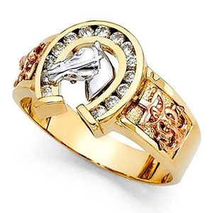 anillo de herradura y caballo para hombre, de oro rosa y blanco de 14k con diamantes