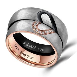 anillos de promesa para parejas, de acero inoxidable pulido en diseño de corazon partido