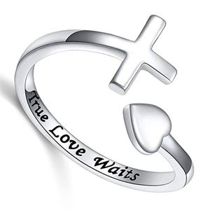 anillo de pureza abierto ajustable, con diseño de cruz y corazon, de plata de ley 925