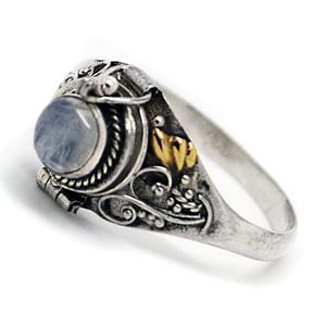 anillo para veneno, de plata de ley con compartimento de piedra lunar arcoíris