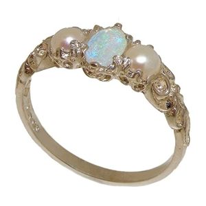 anillo trilogia, de oro blanco solido de 18k con opalo genuino y perlas cultivadas