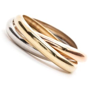 anillo trinity de tres colores, en oro de 14k amarillo, blanco y rosa